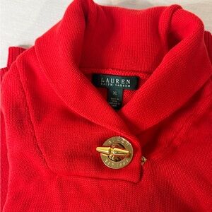 Ralph Lauren Preppy Red Holiday Sweater with Shawl Collar and Gold Rope Clasp